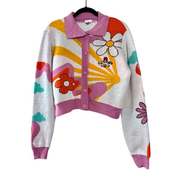 POWERPUFF GIRLS x SKINNYDIP Cropped Cardigan Womens M Medium Retro Sweater HTF - Picture 1 of 7